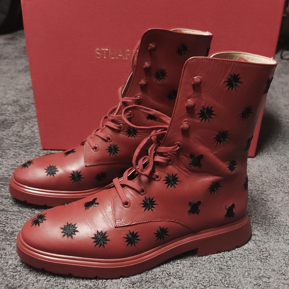 Stuart Weitzman Red Boots with Black Star Details